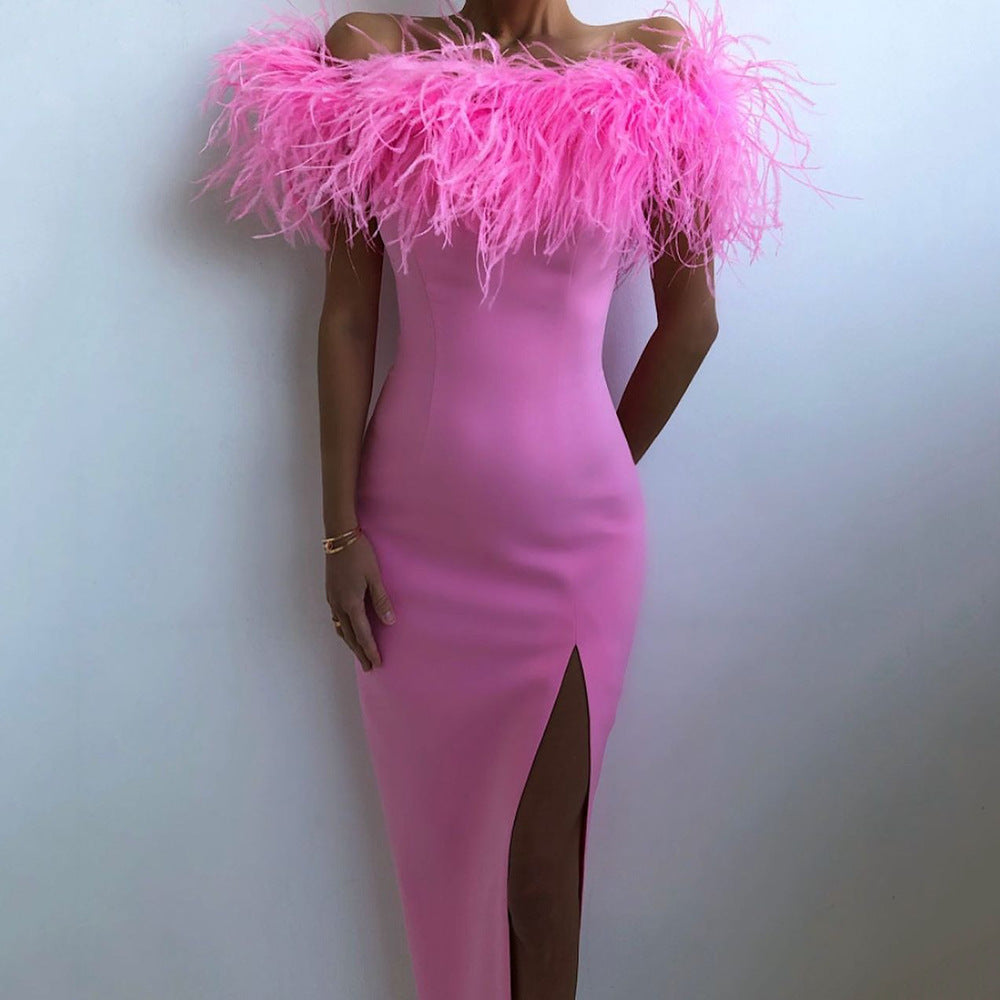 2024 cross-border spring/summer new european and american style one-shoulder evening gown feather socialite dress banquet elegant long dress