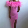 2024 cross-border spring/summer new european and american style one-shoulder evening gown feather socialite dress banquet elegant long dress