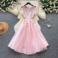 French sleeveless a-line round neck dress women's summer french pink high waist slimming look large swing skirtelegant