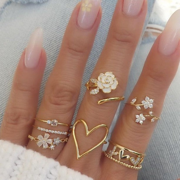 Wholesale floral heart women's ring set - european and american creative versatile hollow ring alloy ins sweet jewelry