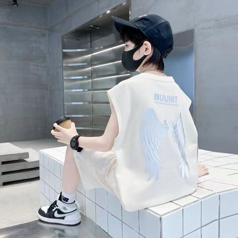 Boys' summer outfit set: boys' tank top and shorts set, casual sleeveless sports two-piece set for older boys and children