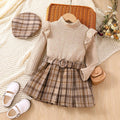fashion children's clothing girl suitlong sleeves lace collar plaid pleated skirt belt beret suit 4-piece set