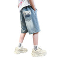 Boys' denim shorts, summer lightweight style, for older boys and teens. trendy, street-style, cool and edgy summer shorts for kids, loose fit