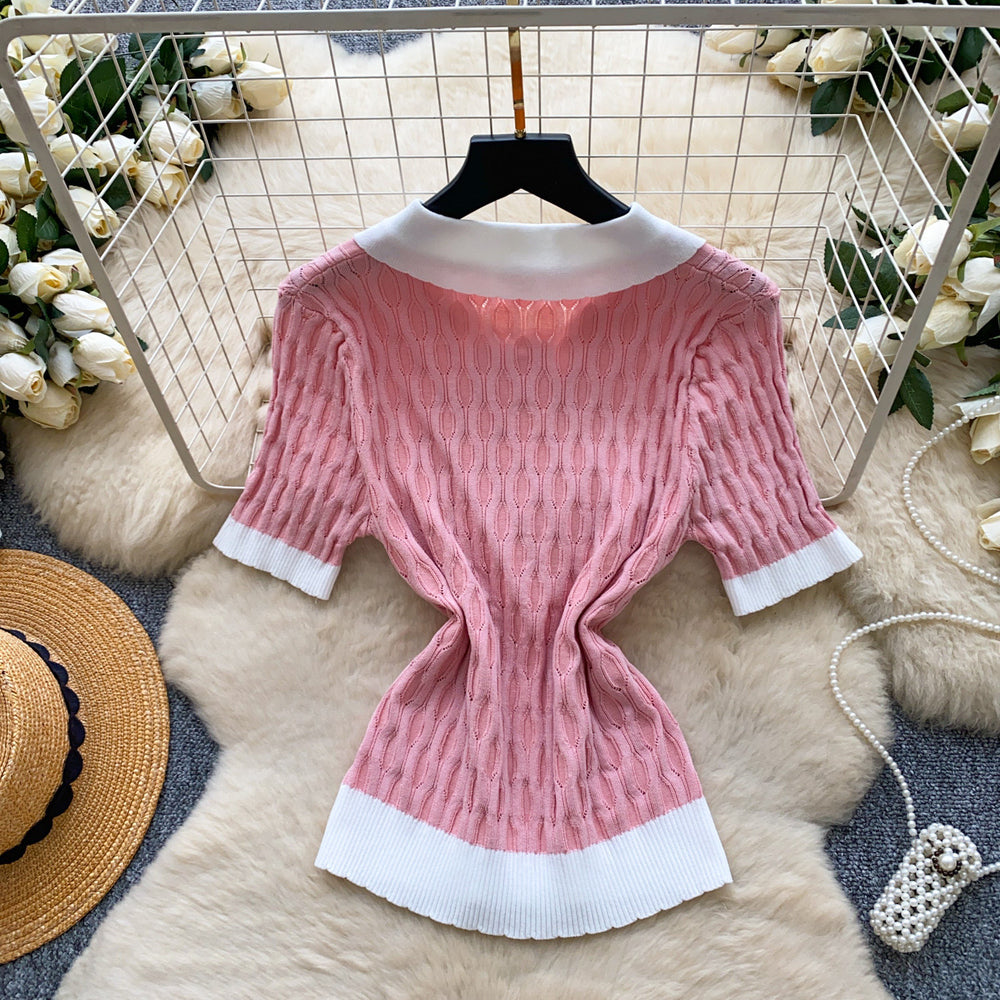 Gentle wind doll collar bowsknitting shirt for women summercasualcasualcontrast colorsweeteasiest for matcheleganttops