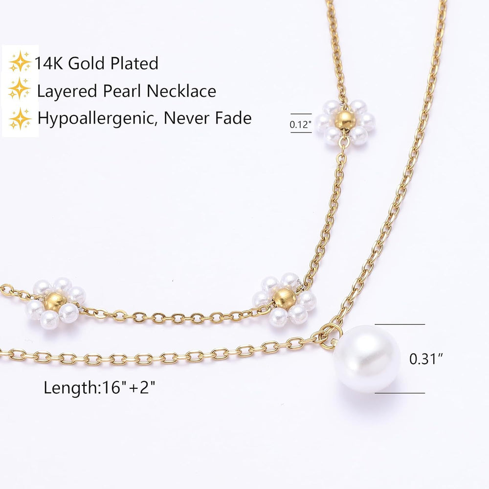 women's flower necklace, women's multi-layer heart-shaped necklace, cute gold pearl pendant necklace set
