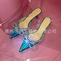 Slip-on laser bow rhinestone high-heeled slippers, stiletto heel, pointed toe, half-slippers, outwearfashion style personalized flash