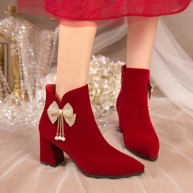 Winter wedding shoes for women 2023new arrival xiuhe wedding dress two-wear thick heel wedding shoes bridal shoes high heels not tiring feet