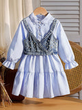 spring new arrival: cross-border shirt collar dress + denim beaded vest two-piece set