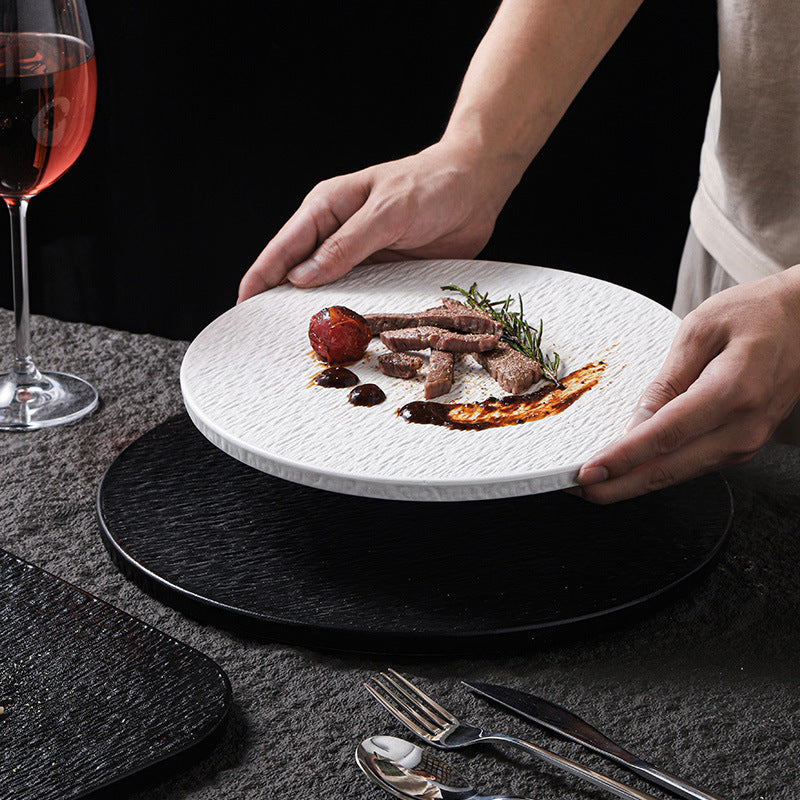 Embossed rock texture flat plate - creative & unique ceramic dinner plate for restaurants & hotels - high-style serving dish