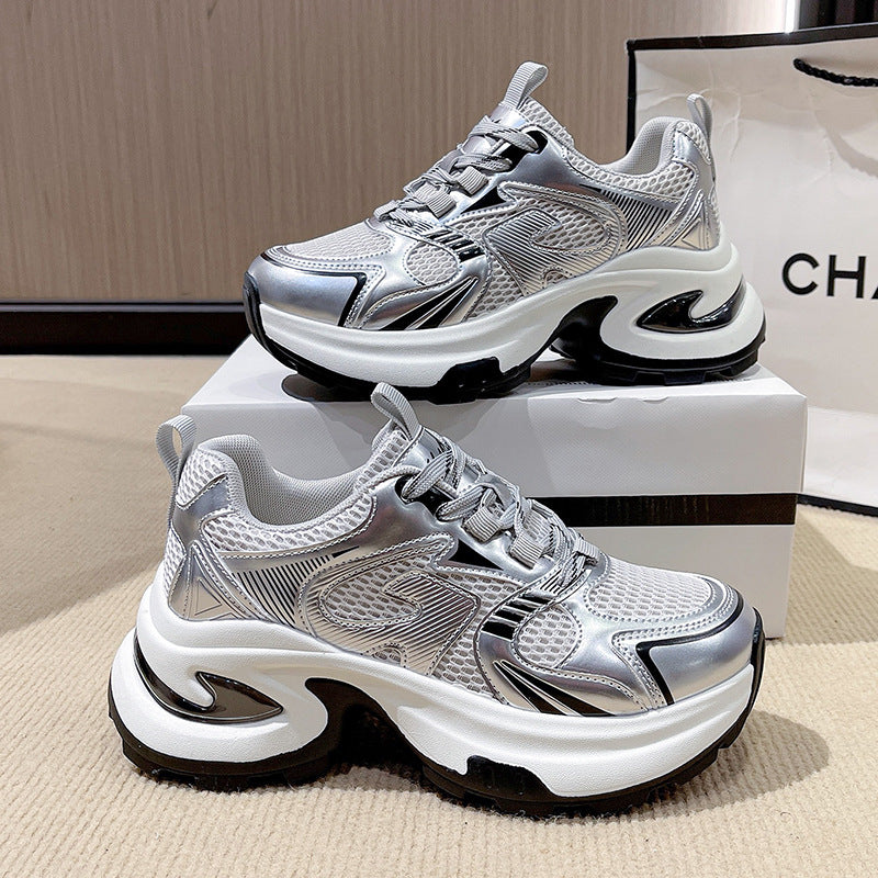 2026 spring chunky platform sneakers for women - new mesh breathable fashion silver height increasing casual athletic trendy shoes
