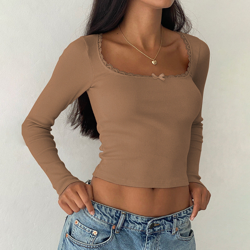 European and american style  new solid color bowknot lace cropped t-shirt, fashionable versatile long sleeve slim fit top for women