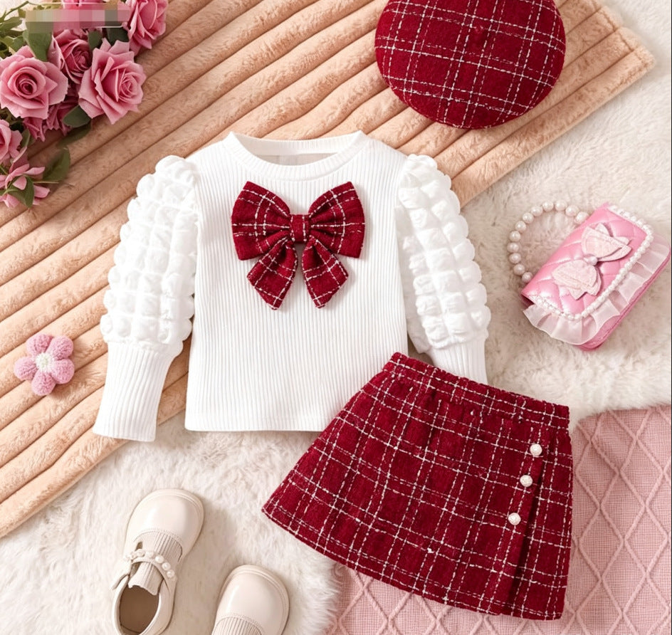 girls' chanel-inspired outfit: autumn/winter puff sleeve knit top, tweed skirt, and beret three-piece set