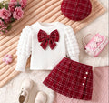 girls' chanel-inspired outfit: autumn/winter puff sleeve knit top, tweed skirt, and beret three-piece set