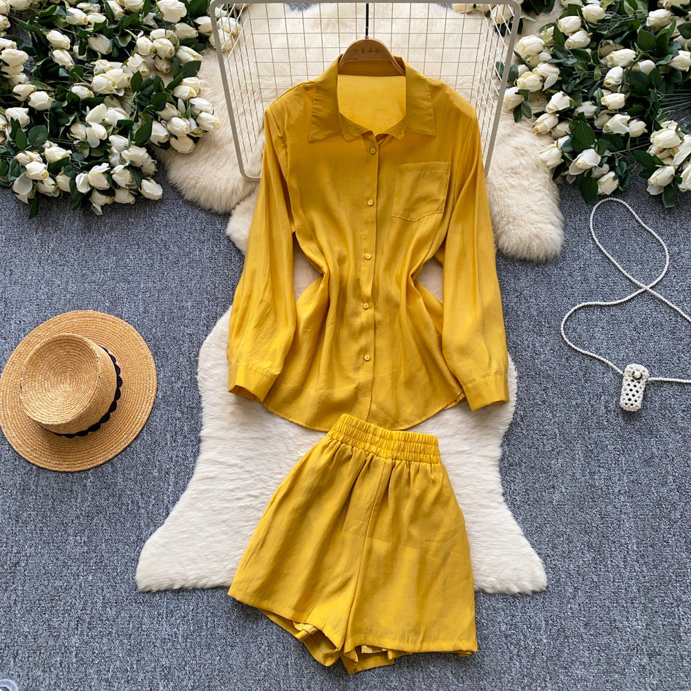 Light mature french style yellow shirt shorts two-piece set female autum be careful to expose the waist and waist slimming lookwork clothingsuit