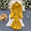 Light mature french style yellow shirt shorts two-piece set female autum be careful to expose the waist and waist slimming lookwork clothingsuit