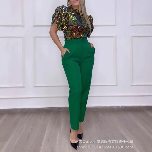 LZR19028 dark green gradual change bubble sleeve turtleneck bead sheet top set slim nine points high waist trousers
