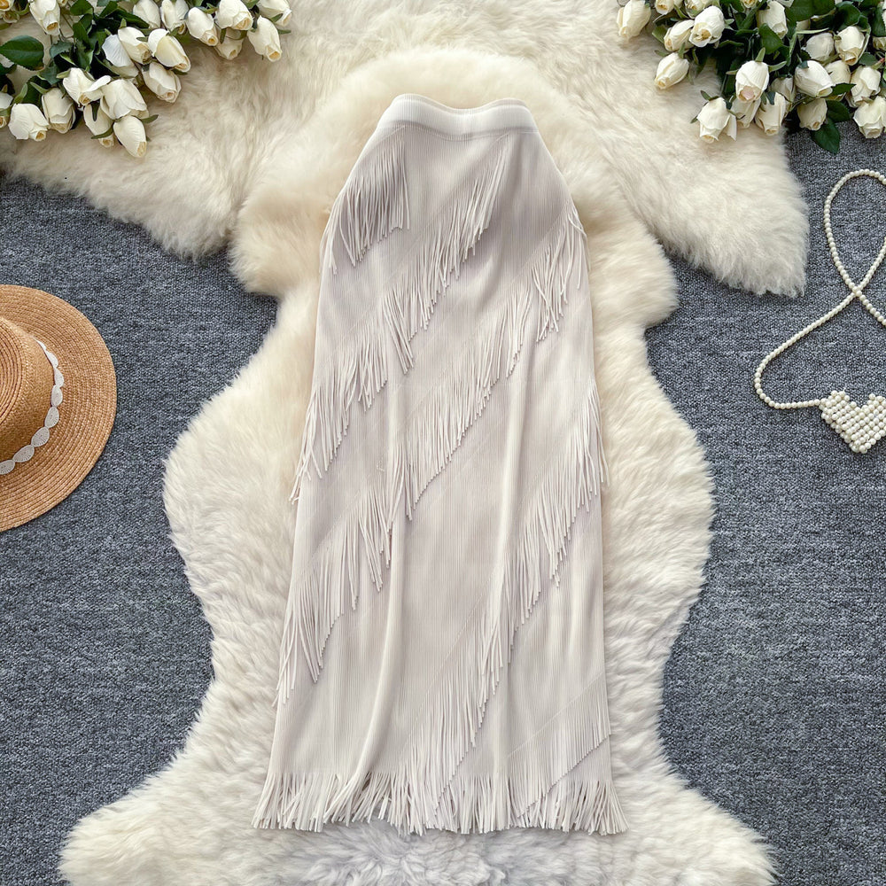 K-style tassel patchwork a-line elegant skirt women's summerhigh waistwork clothingclassy sense of medium long tassel skirt