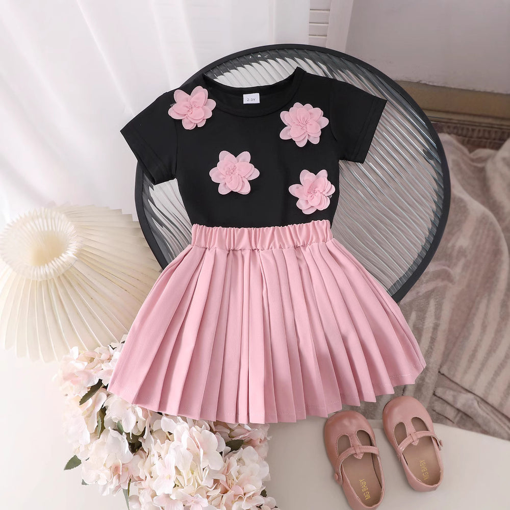 Amazon cross-border european and american girls' summer outfit: floral appliqué short-sleeve t-shirt and princess pleated skirt set