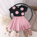 Amazon cross-border european and american girls' summer outfit: floral appliqué short-sleeve t-shirt and princess pleated skirt set