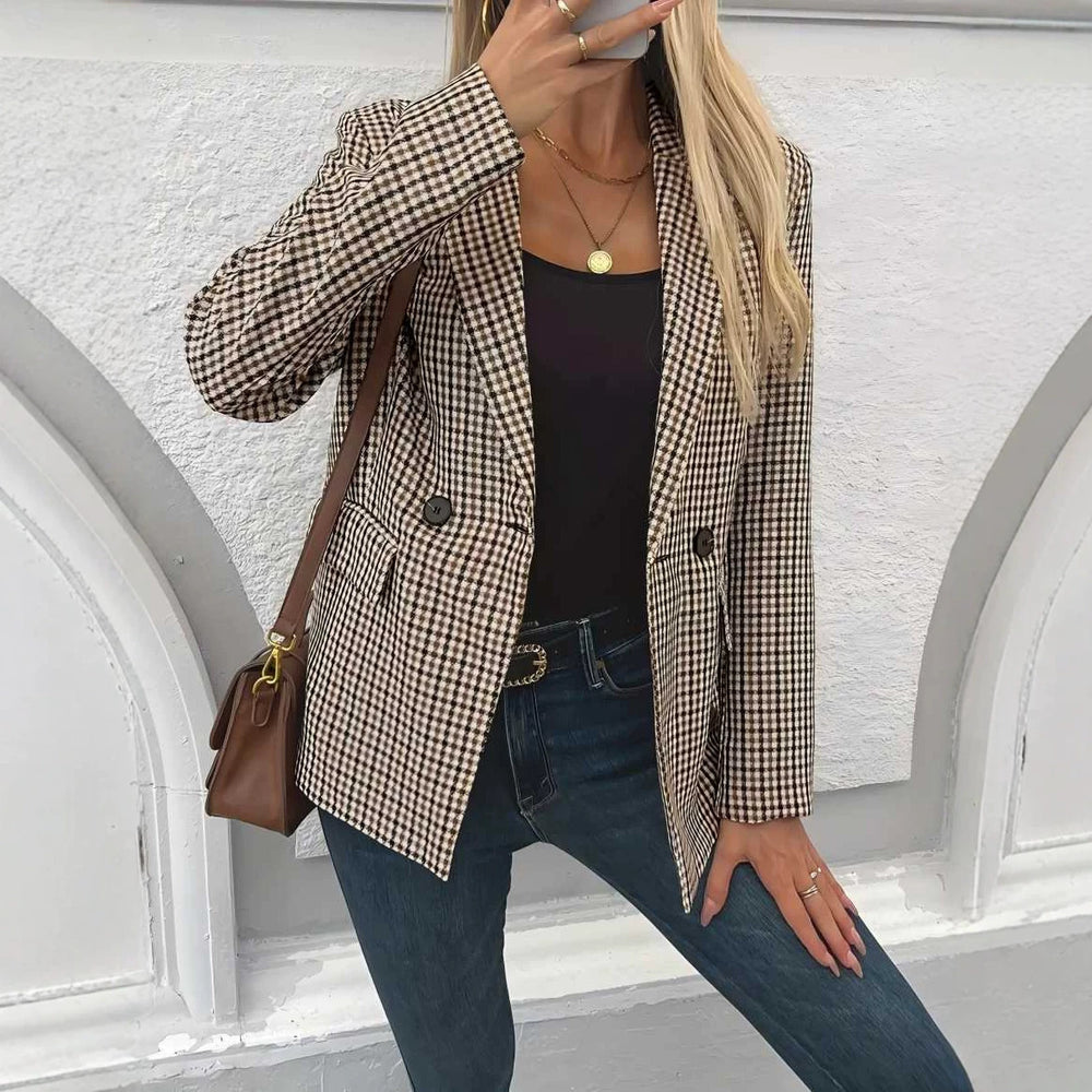 Women's casual houndstooth print double-breasted blazer - relaxed fit