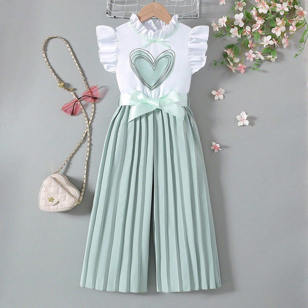 european and american style cross-border girls' flutter sleeve ruffle collar top with pleated wide-leg pants and belt (jumpsuit)