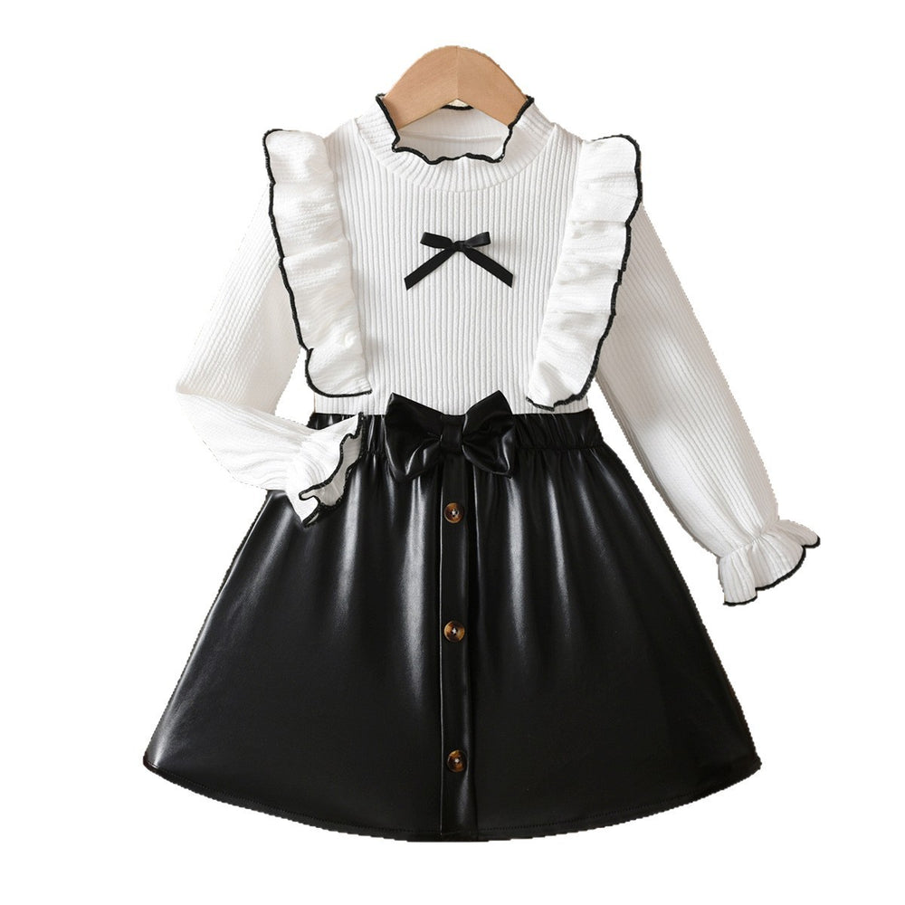 girlsuitwhiteknittingtops flying sleeves lace leather skirt bowskids skirt two-piece set
