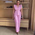 European and american cross-border women's fashion:  autumn new arrival - elegant v-neck flutter sleeve plaid top and wide-leg pants set
