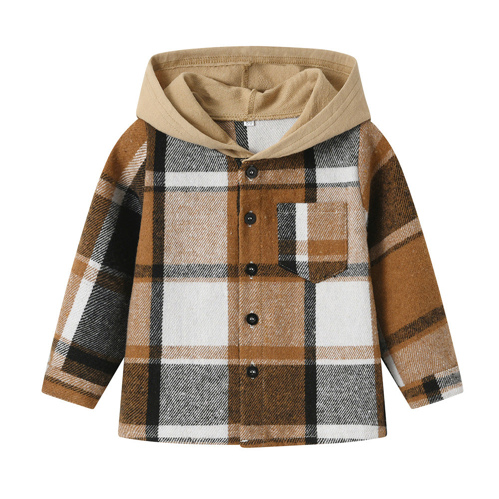 Boys' plaid shirt long sleeve spring lightweight hooded jacket  spring/autumn new children's shirt casual cardigan
