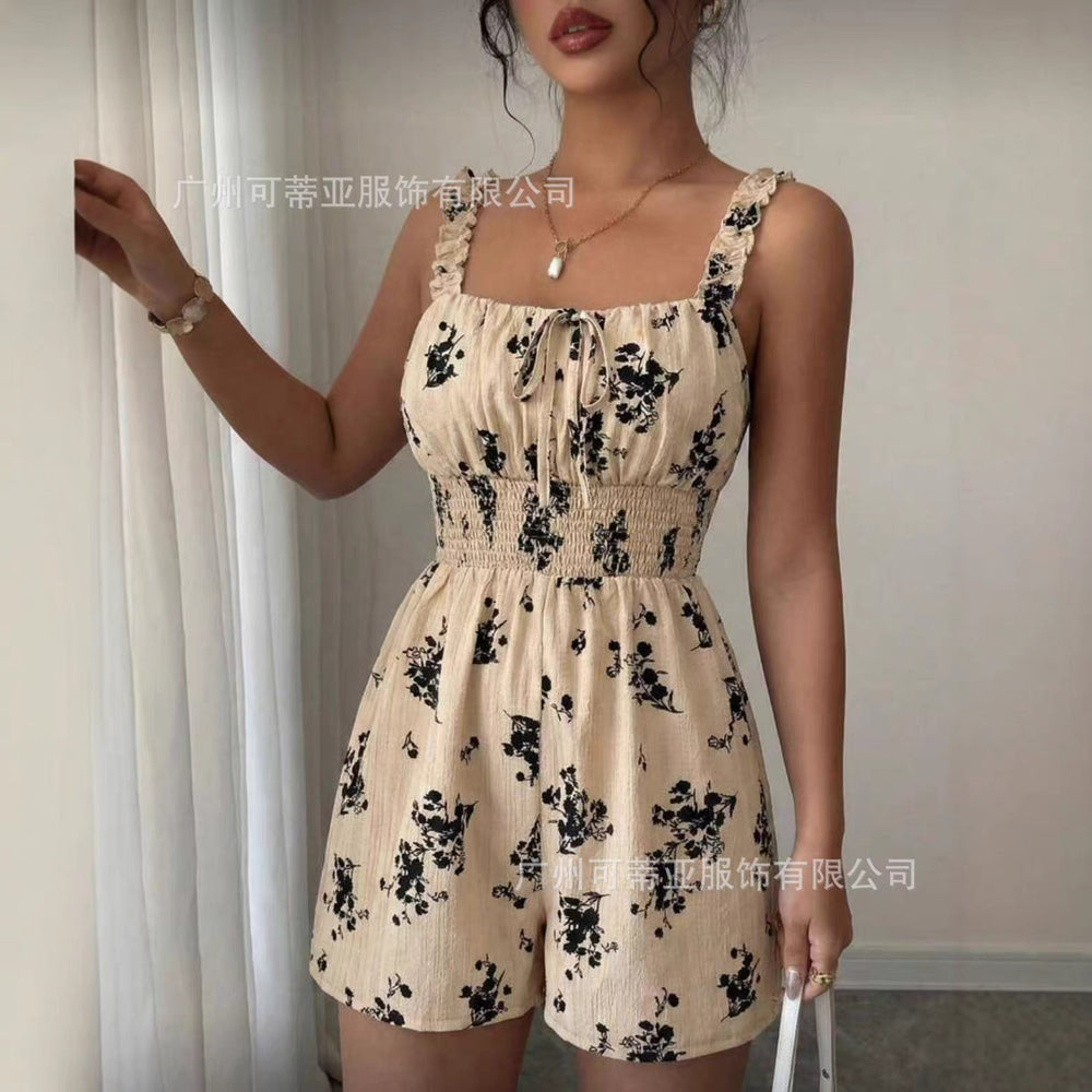 cross-border fashion summer french floral suspender jumpsuit new arrival waist one-piece dropshipping