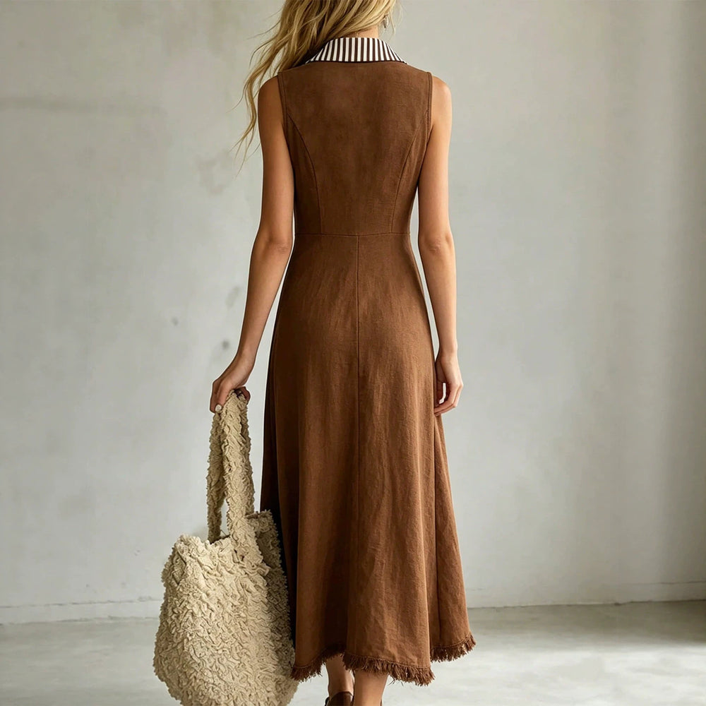 fashion  summer new brown striped lapel sleeveless dress single-breasted tassel vacation style