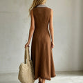 fashion  summer new brown striped lapel sleeveless dress single-breasted tassel vacation style
