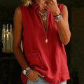 elegance stand collar ruffles cotton and linen shirt summer sleeveless tops