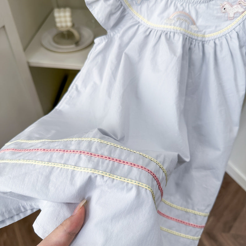 【summer clearance with free shipping】 summer girls' clothing: heavily embroidered flutter sleeve dress for baby girls, cotton fabric