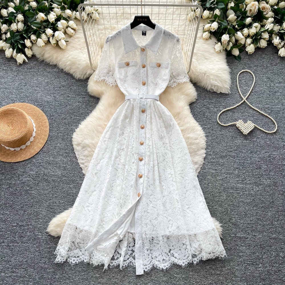 French chic pink lace dress for women, 2026 summer collection: short sleeve, turn-down collar, cinched waist, a-line silhouette - effortless elegance