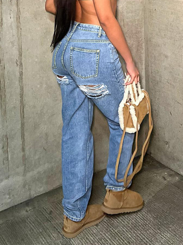European and American    wish  hipster high waist hole slim fashion denim straight pants women