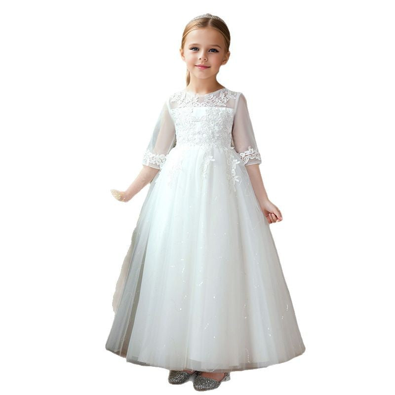 New girls' formal dress - lace children's skirt, long three-quarter sleeve, mid-to-large size flower girl wedding dress, princess dress - cross-border