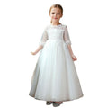 New girls' formal dress - lace children's skirt, long three-quarter sleeve, mid-to-large size flower girl wedding dress, princess dress - cross-border