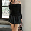 autumn european and american style women's chic fashion off-the-shoulder one-shoulder long sleeve patchwork short puffy dress