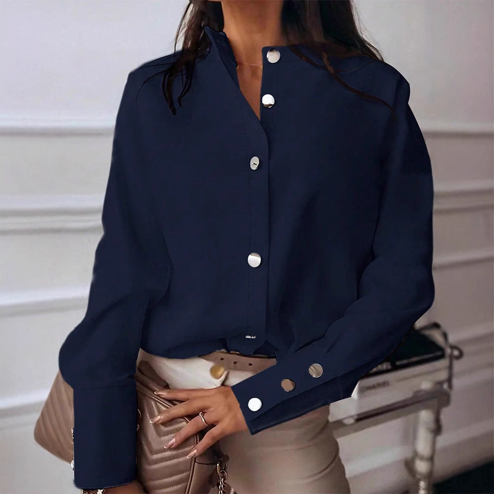 fashion women's clothing  autumn  solid color stand collar long sleeve shirt casual top