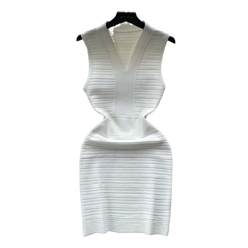 Sleeveless knit tank dress - women's summer lightweight v-neck pleated design, light luxury, slim fit, bodycon mini dress