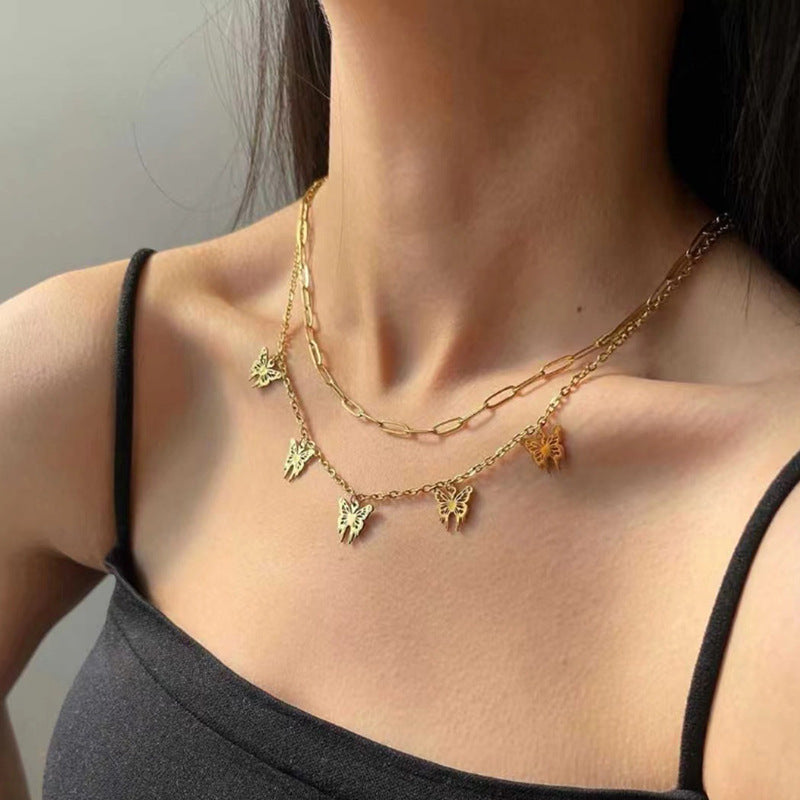 Wholesale alloy butterfly chunky chain pendant necklace - fashionable, unique, and stackable double-layer necklace for cross-border e-commerce on amazon (us & europe)