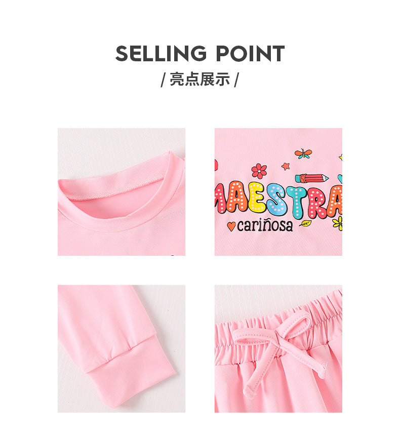 girls' pink long-sleeve sweatshirt and pleated skirt set - autumn casual two-piece outfit with letter appliqué