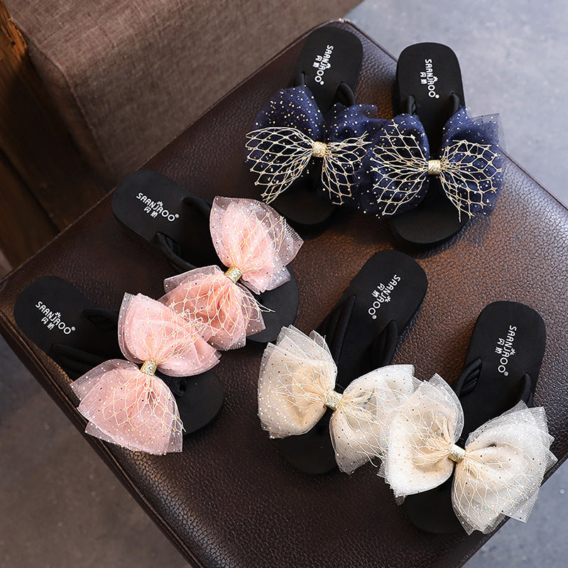 2025 new fashionable parent-child summer outdoor slippers, girls' holiday sandals, bowknot baby flip-flops
