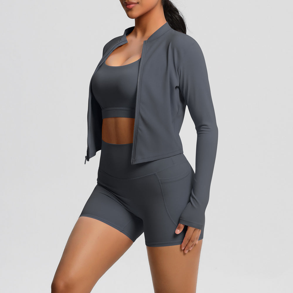 European and american solid color racerback bra, compression yoga top, pocket shorts, cloud-like running fitness set - 3 piece activewear set
