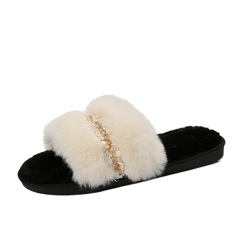 European style chain one-word flatsfleece-linedthick sole slippers women's indoor and outdoor winternew arrival cotton slippers one piece dropshipping women