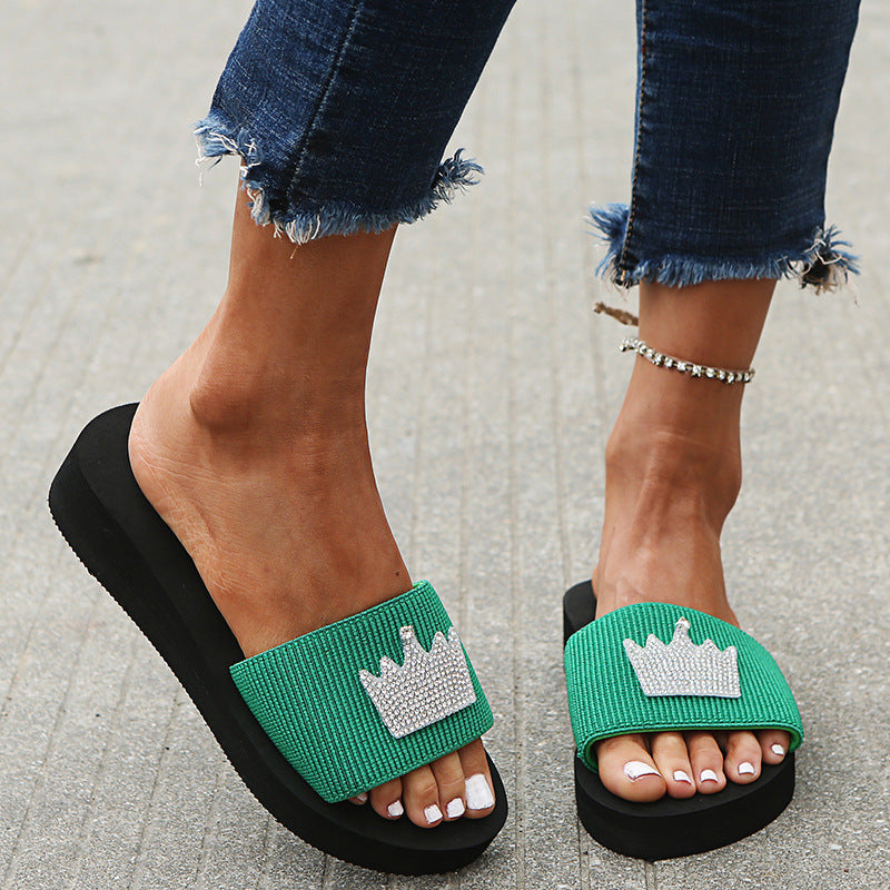 Women's slippers 2024 summer new trendy candy color rhinestone flat crown outdoor thick sole one-strap sandals