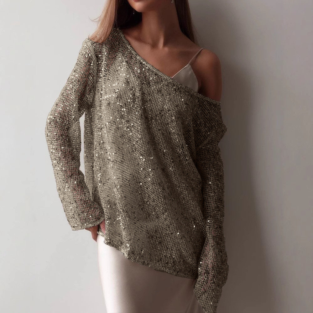 new european and american  style long-sleeve urban casual colorful hollow-out loose fit pullover sequin top for women
