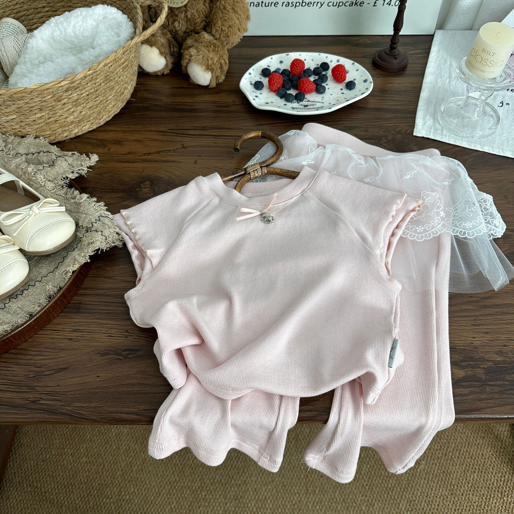 Girls' knitted summer outfit set : korean style cute lace trim straight-leg pants set - trendy