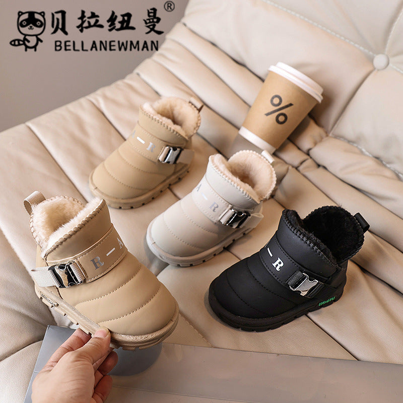 Custom boys' fleece-lined snow boots, new autumn/winter collection, girls' black cotton shoes, thickened ankle boots for students, trendy styles for mid-to-large children