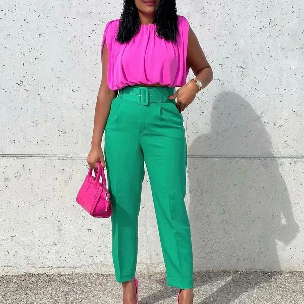 Belted european and american style women's clothing  spring new fashion plus size slimming high waist casual skinny pants foreign trade suit pants